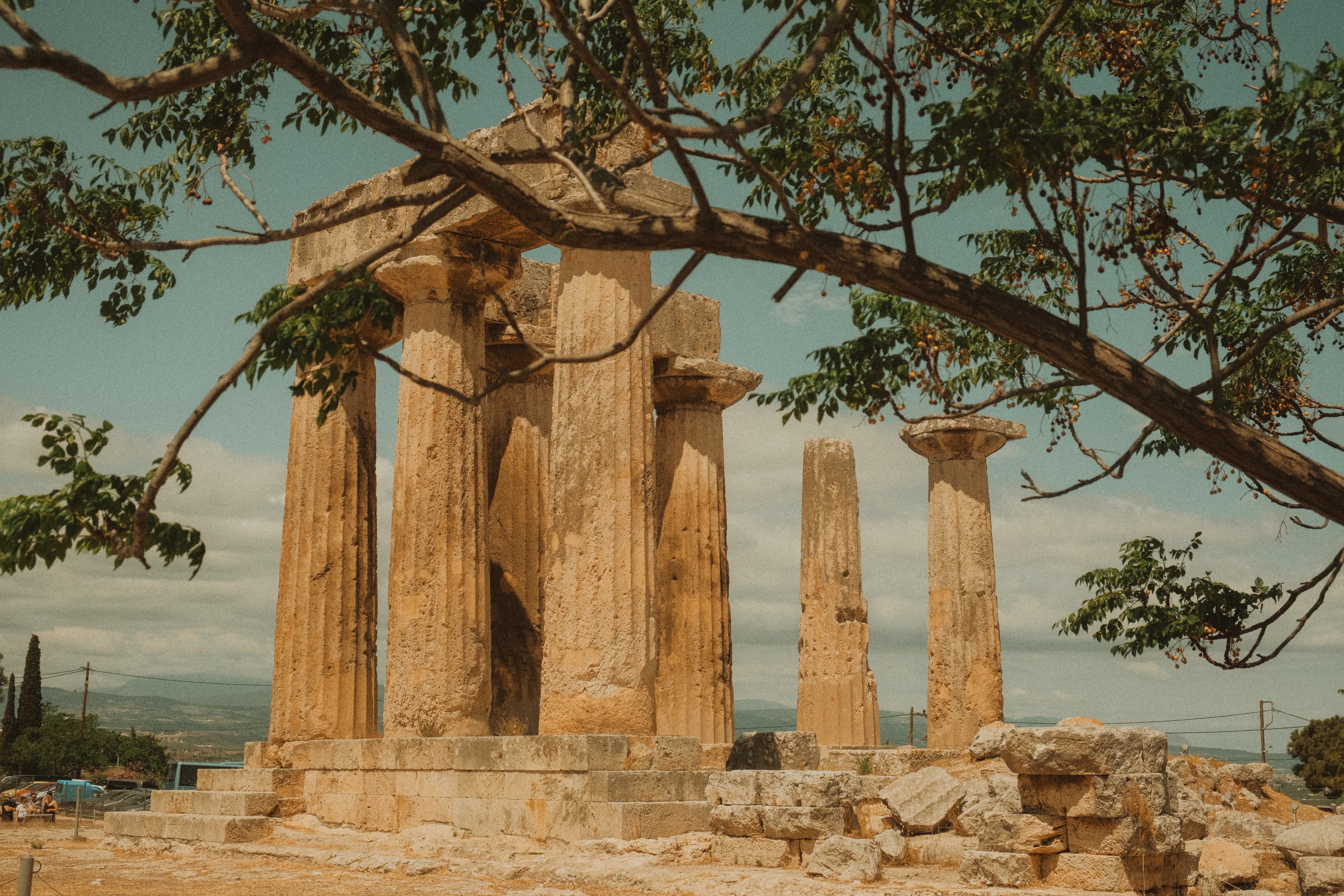 a group of stone pillars under a tree