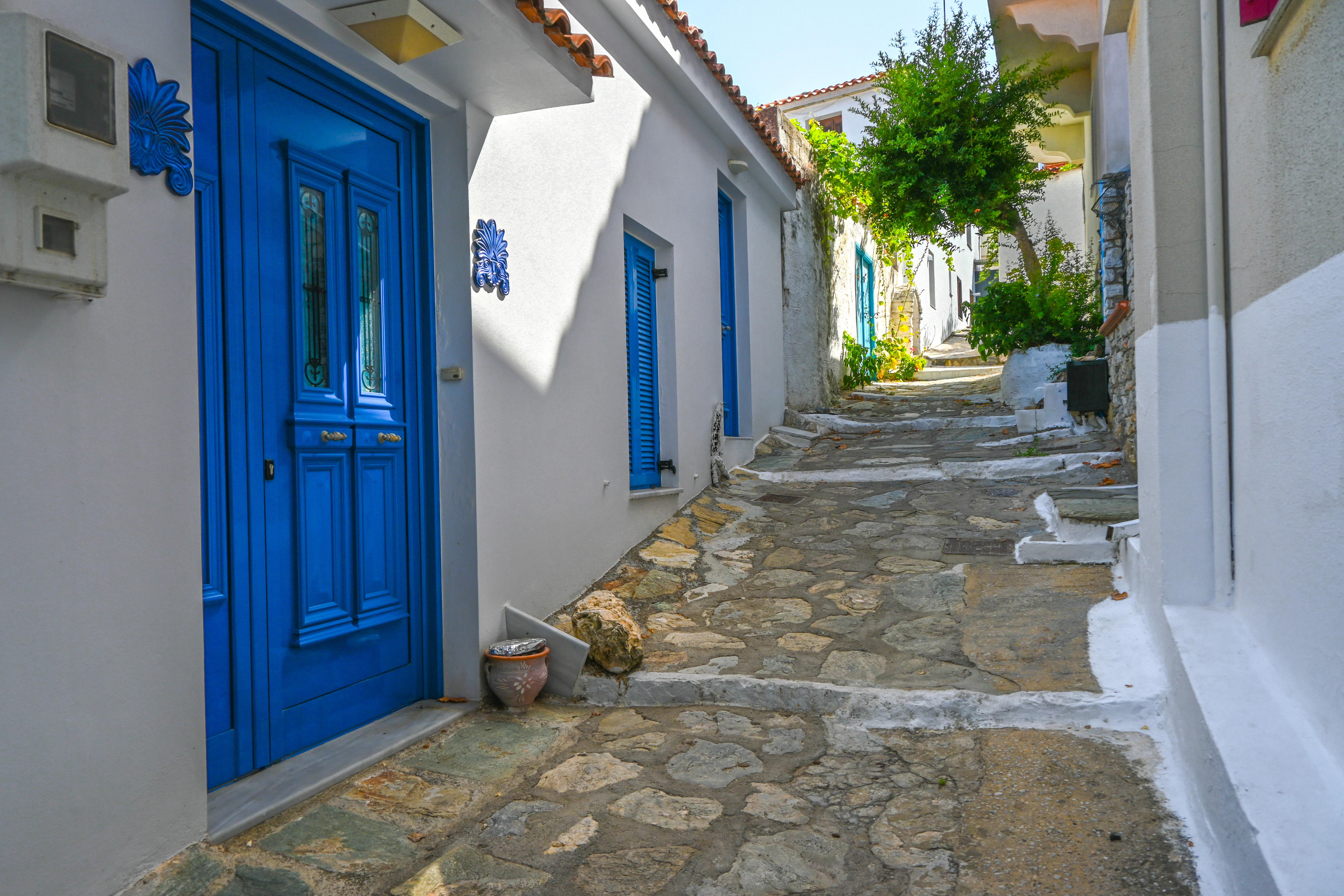 a cobblestone street with blue doors and windows