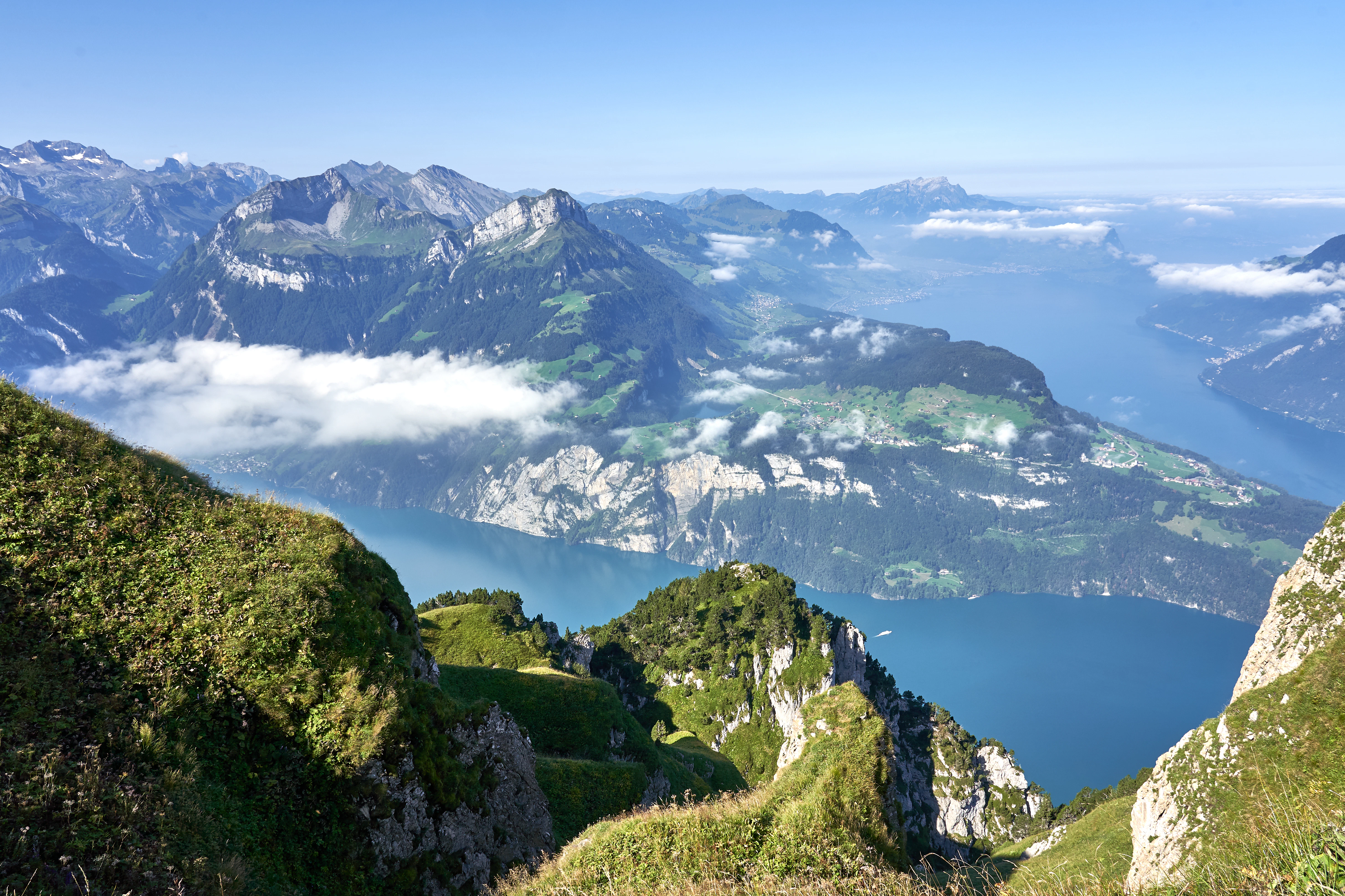 green grass covered mountain near body of water during daytime