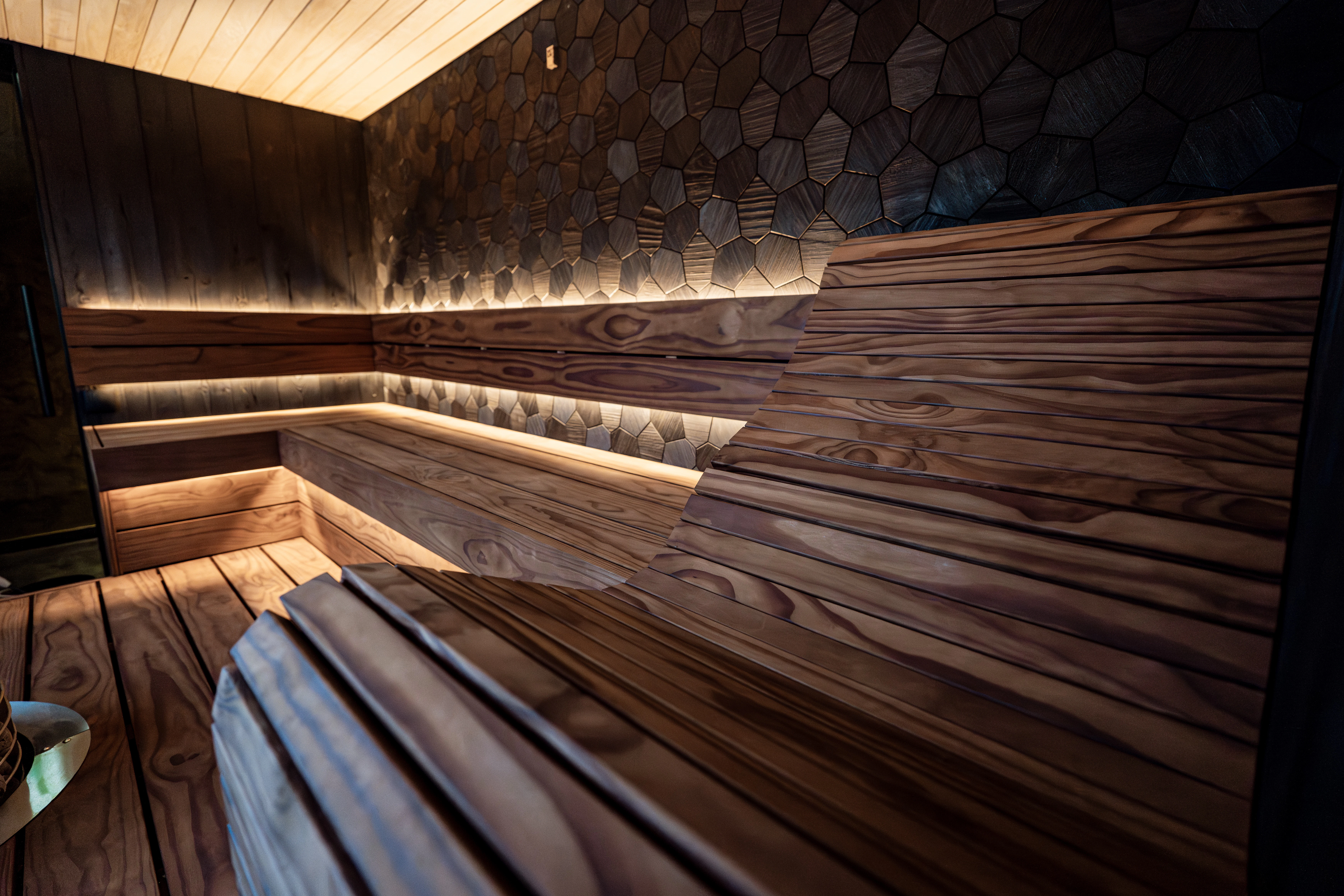 Luxurious wooden sauna with ambient lighting