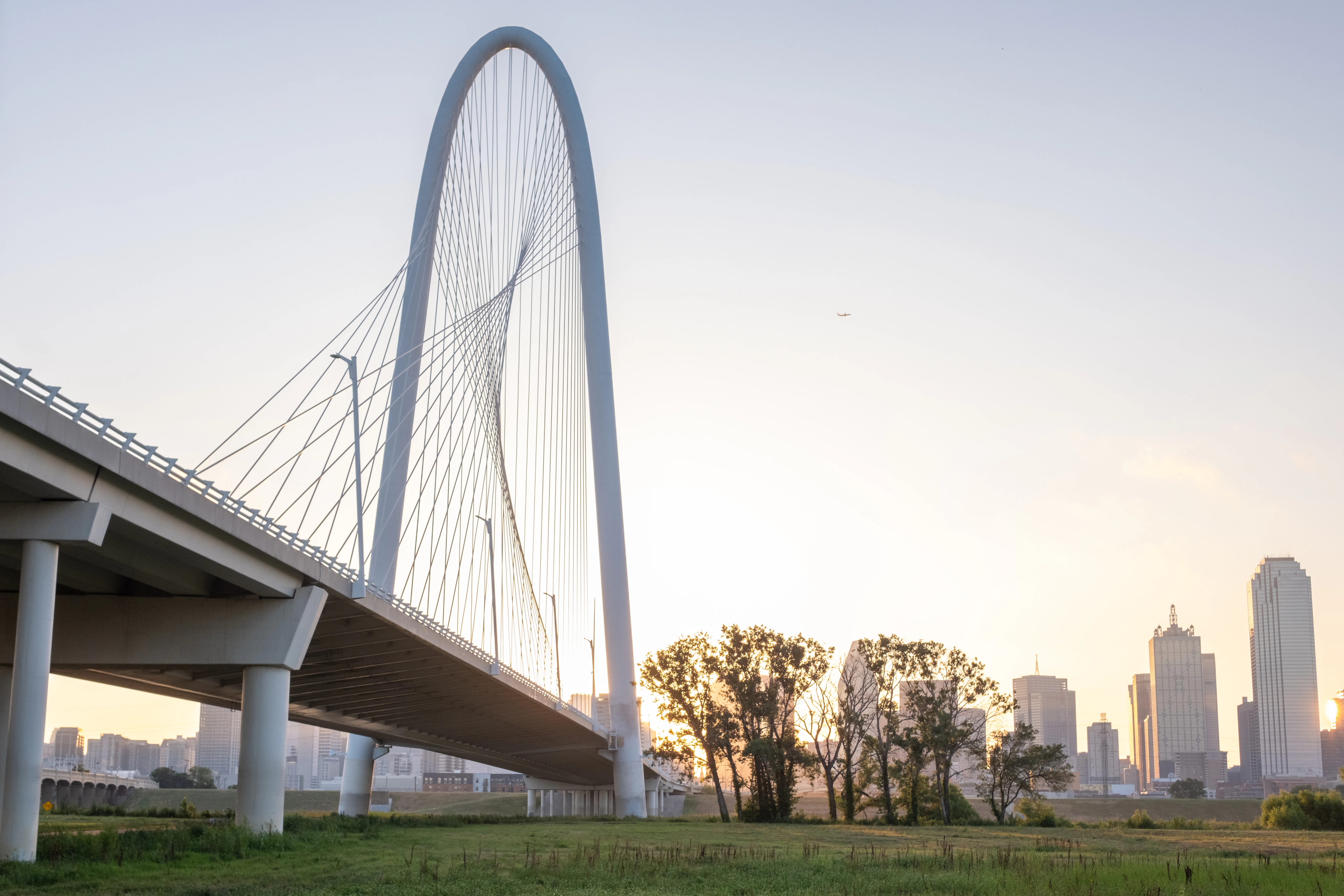 Modern cable-stayed bridge with city skyline at sunrise