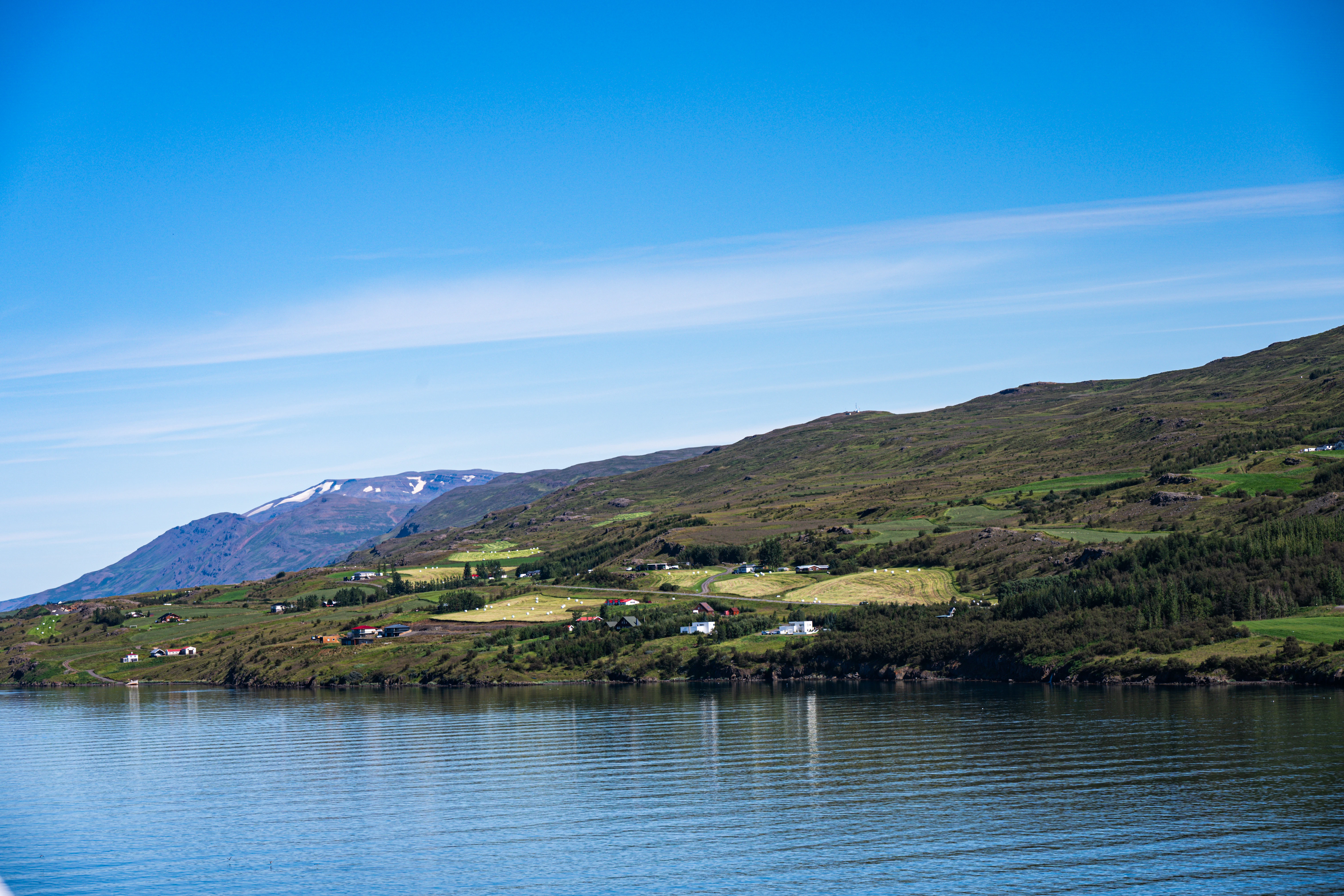 Coastal landscape with green hills and blue sky.