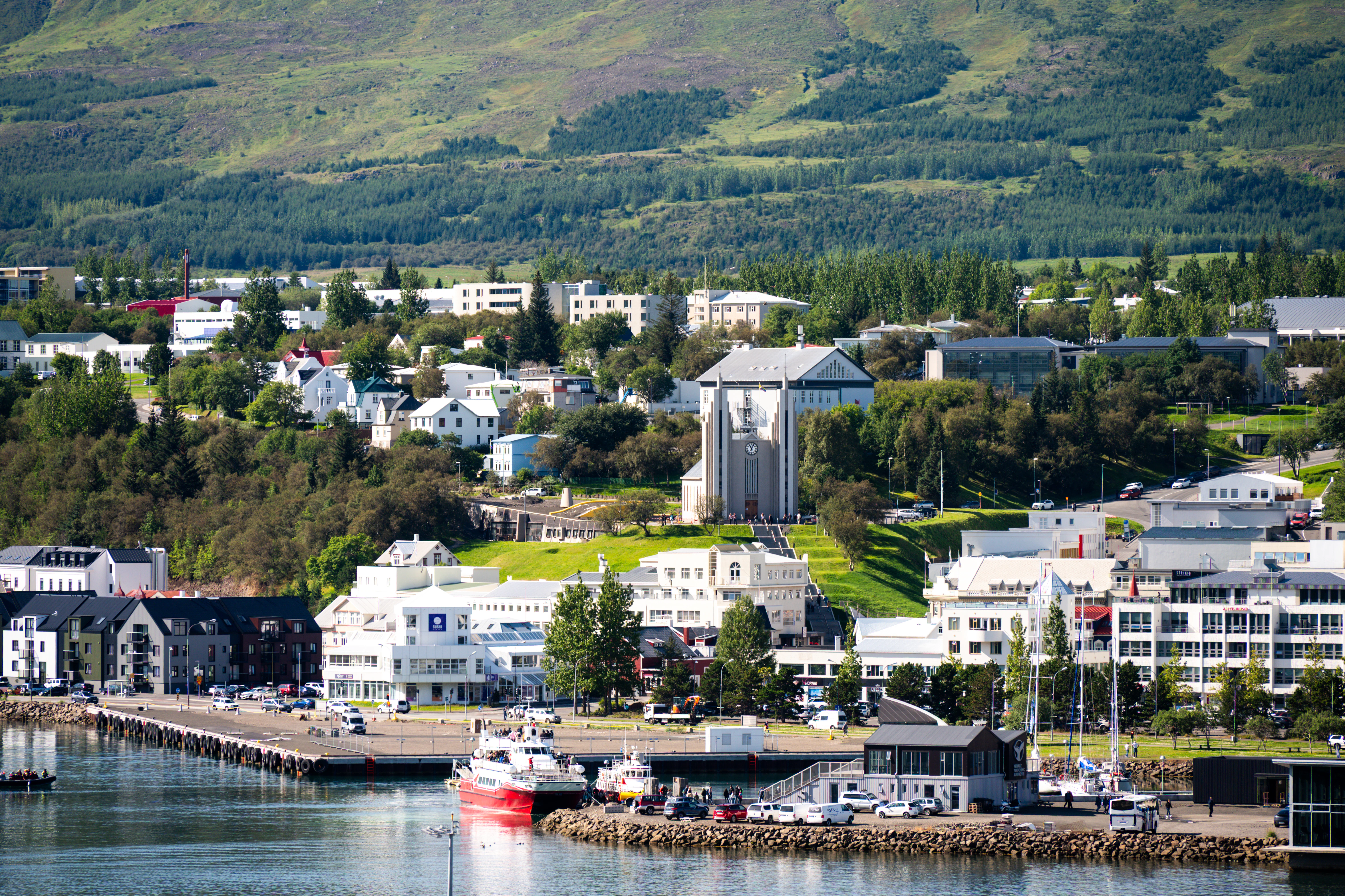 Coastal town with modern buildings and boats