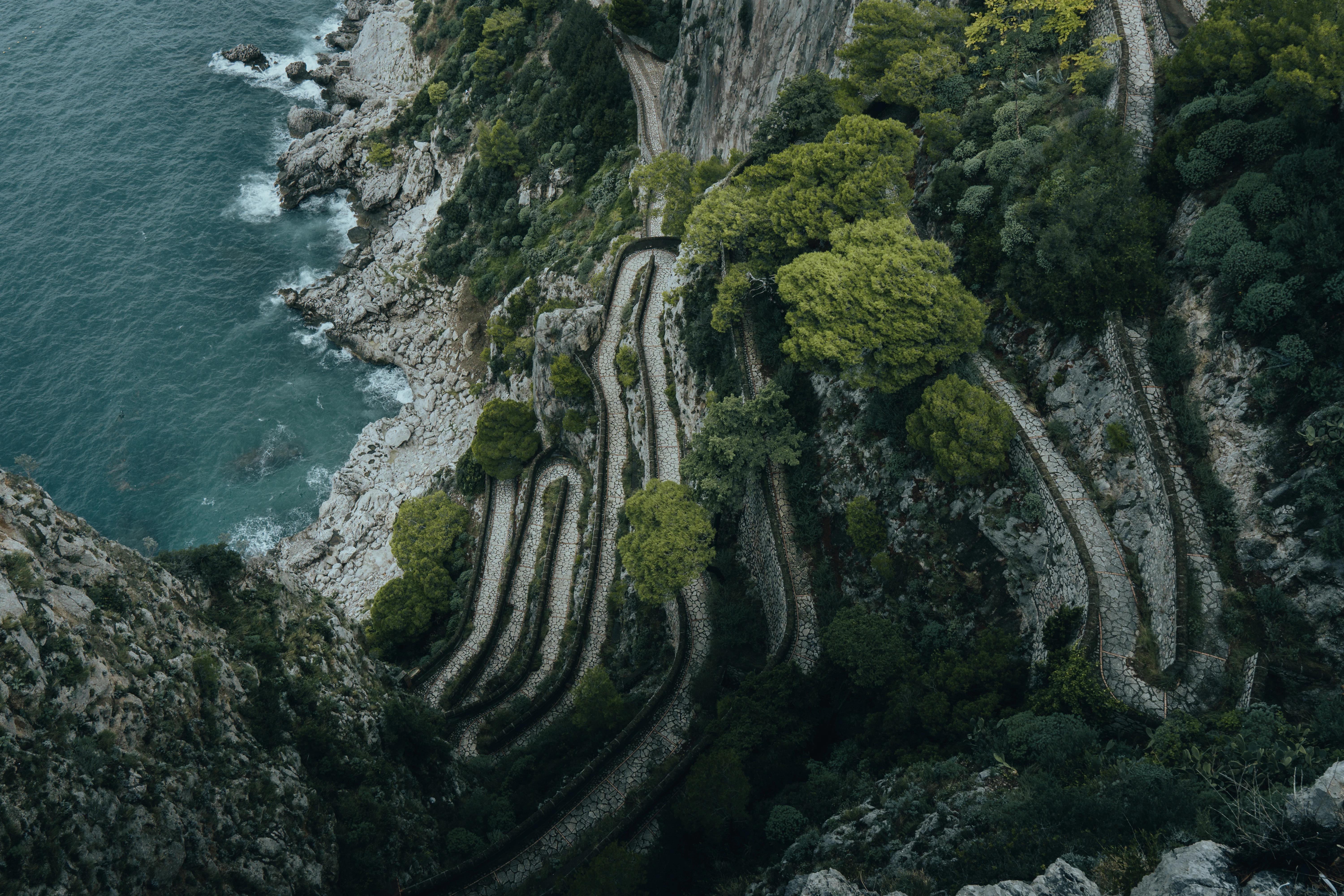a rocky cliff with trees and water